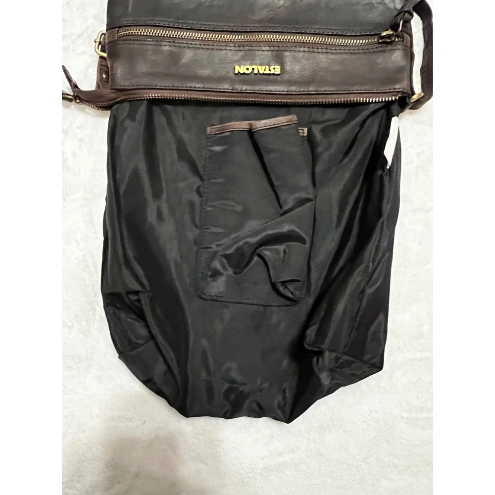 ESTALON Dark Brown Genuine Leather Crossbody Zip Front Pockets Adjustable Strap‎